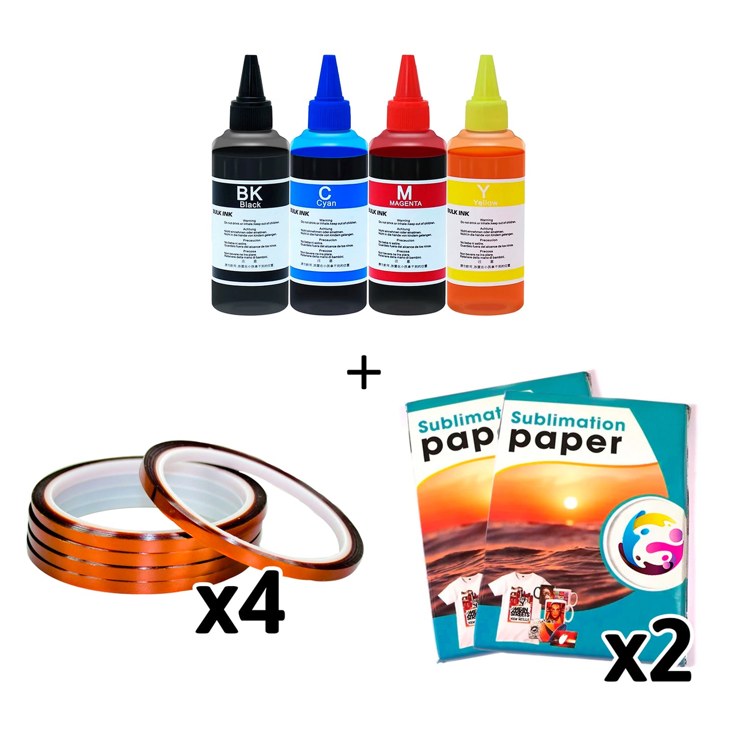 Pack de 4 tintas + 4 cintas termicas + 2 resmas papel sublimación