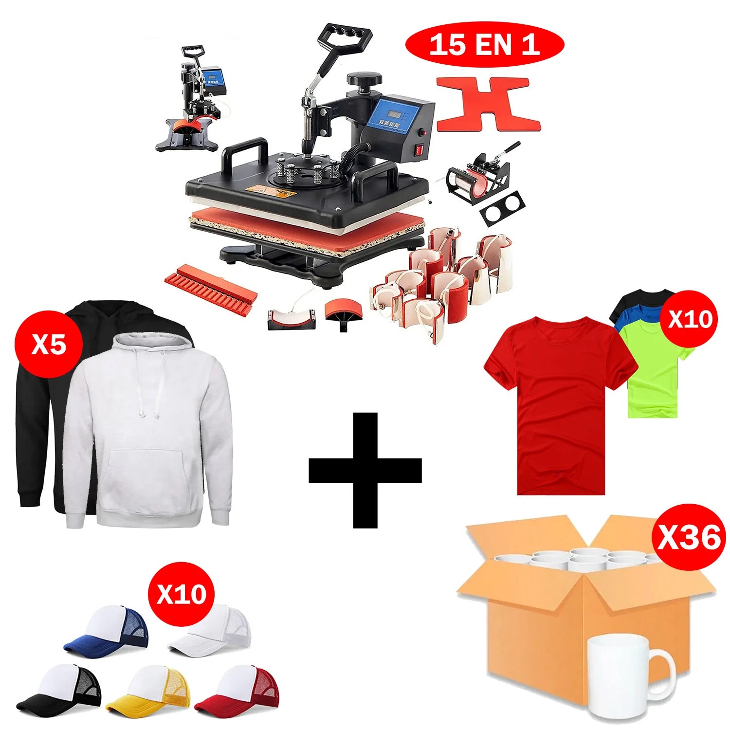 Pack Sublimadora 15 en Jockey Poleras Polerones Tazas